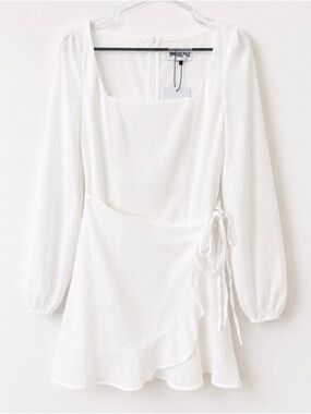 NWT Princess Polly The Villa Mini Dress White US 4 AU 8 Long Sleeve Wrap Dress